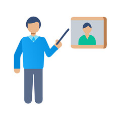 Stylized professor delivering a presentation to an abstract audience