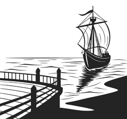 Silhouette of a  90s Old ship, vintage black and white, white background, minimal details vector illustration.