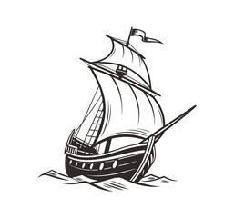 Silhouette of a  90s Old ship, vintage black and white, white background, minimal details vector illustration.