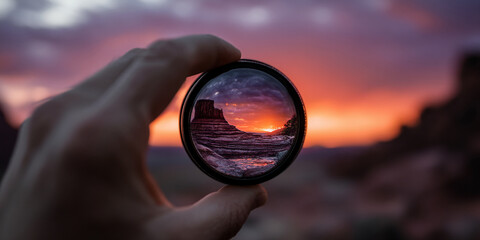 Hand holding lens, reflecting sunset over layered rock formation.  Captures beauty of nature, perspective, and photography