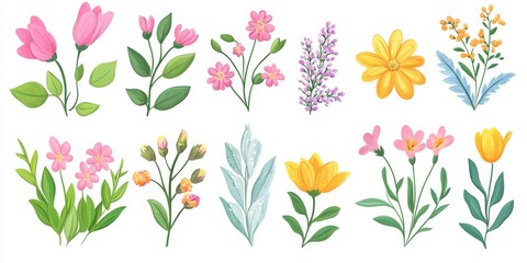 Fototapeta premium Colorful botanical illustrations of various flowers and plants.