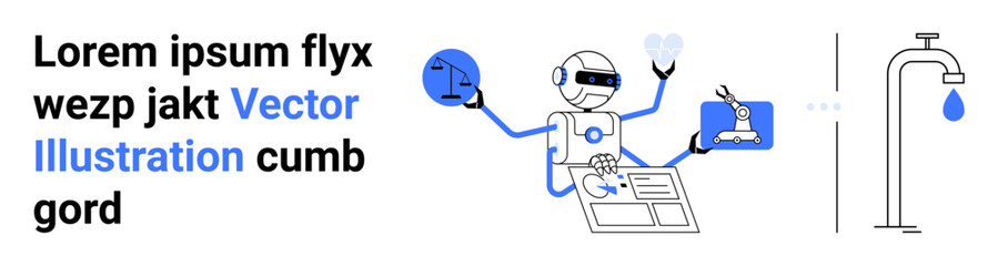Robot managing tasks thumbs up face recognition, presenting ideas, and content analysis. Ideal for AI, technology, automation, innovation, multitasking, smart systems and simple landing page