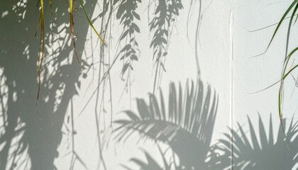 Shadows of tropical plants on a white wall artistic photography indoor natural light close-up visual serenity