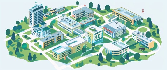 Flat design university campus map simplified buildings geometric pathways modern layout with subtle grain texture.
