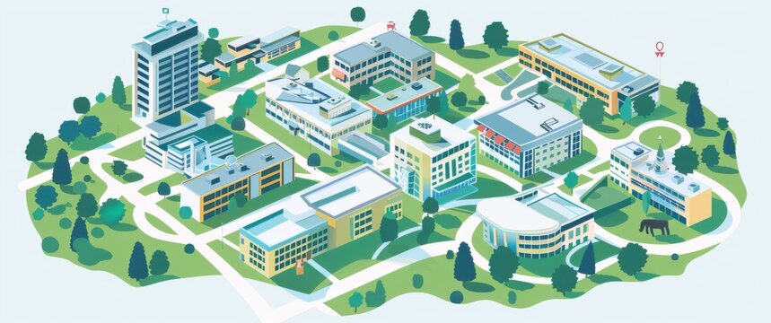 Flat design university campus map simplified buildings geometric pathways modern layout with subtle grain texture.