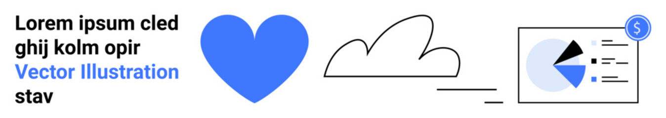 Blue heart and minimalist cloud beside analytics dashboard with pie chart and dollar sign. Ideal for finance, cloud data, technology, love, economy, presentation, simple landing page