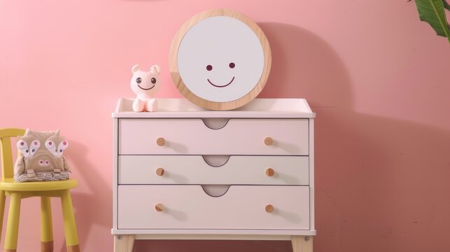 Flat  kids dresser, smiling mirror design, simple drawers, minimal hardware, toy accents adds joy to the room.