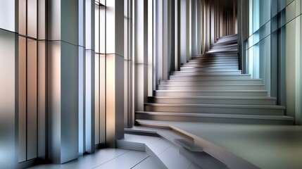Obraz premium Modern architectural stairway, interior, with abstract glass walls, soft light