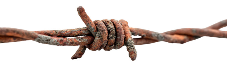 Rusty barbed wire with knot detail.