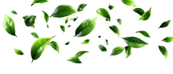 Fresh green leaves falling gracefully.