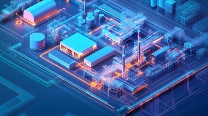 Fototapeta premium A computer generated image of a factory with a lot of pipes and tanks. The image has a futuristic and industrial feel to it 