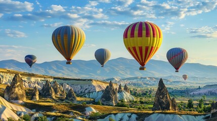 Obraz premium Hot Air Balloons Flying Over Cappadocia's Unique Landscape at Sunrise