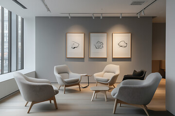 Fototapeta premium Minimalist City Apartment with Slate Gray Wall and Neutral Modern Furniture