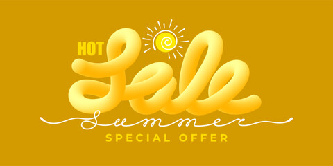 Summer Sale banner template. Summer sale lettering with word summer drawing by continuous line and sun. Can use for advertise, banner, web, print. Simple, minimal vibrant design. Vector illustration
