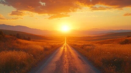 Aerial view of endless highway stretching into horizon under golden sunset, symbolizing boundless opportunities and journey to success. Road trip, travel adventure and freedom concept.