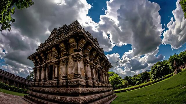 Ancient Stone Temple Surrounded by Lush Greenery and Dramatic Sky