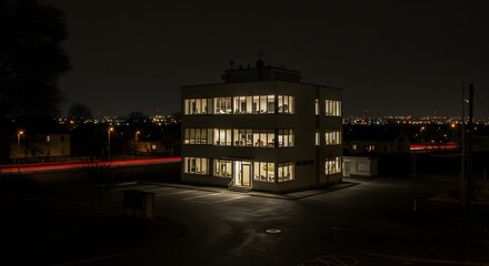 Nighttime office building with city lights and car trails long exposure photography view outside exterior