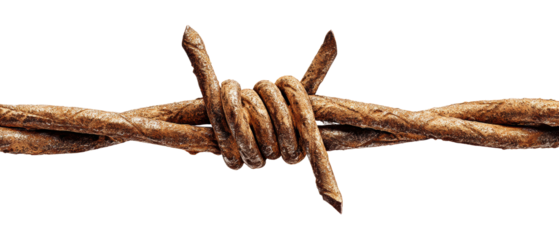 Rusty barbed wire with intricate knotting.