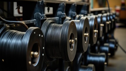 Fototapeta premium Steel cord spools lined up beside machines for integrating into radial tire layers
