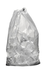 Plastic bag filled with clear ice cubes.