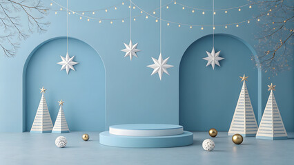 Winter Holiday Product Display with Minimalist Geometric Design and Festive Elements