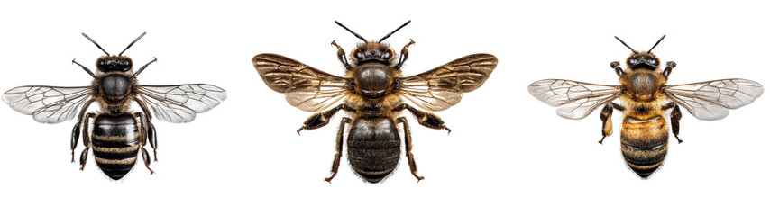 Three bee species displaying unique features.