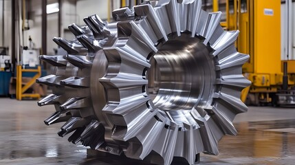 A large metal object with many small pieces is on display. The object is shiny and metallic, and it is a part of a larger machine. Scene is industrial and mechanical