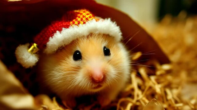 Adorable golden hamster wearing a festive red and white knit holiday hat with a tiny gold jingle bell, nestled in wood shavings