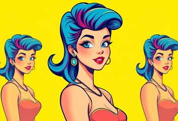 Obraz premium Retro-styled illustration, vibrant hair, confident pose, yellow background, vector art, colorful