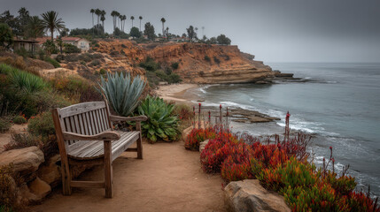 An empty wooden bench overlooks the beautiful Pacific Ocean from a colorful cliffside garden on an overcast morning in a serene coastal paradise setting.