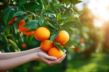 Hands holding fresh oranges on a tree branch in a sunny orchard setting outdoors