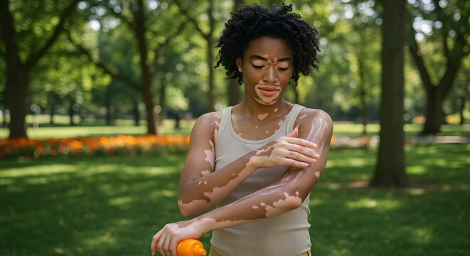 Vitiligo awareness skincare routine black woman applying sunscreen in park skin condition treatment