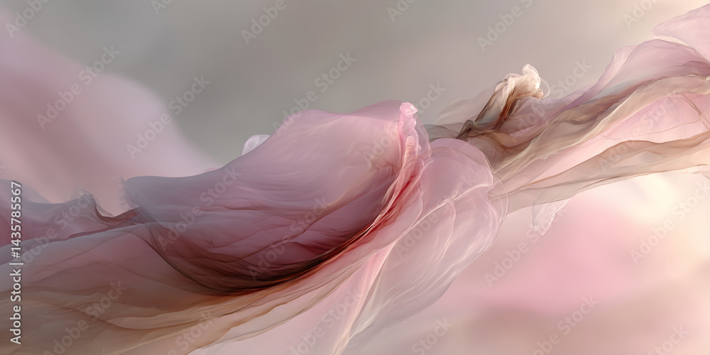 Poster abstract image of flowing, translucent fabric in pink and beige tones, creating a soft, dreamy atmos