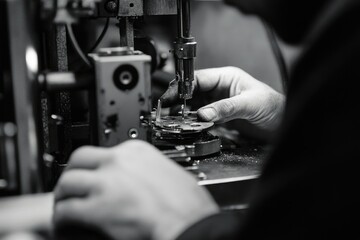 Close-up of a watchmaker meticulously working on a watch component using precision machinery.