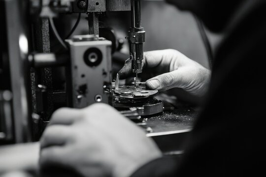 Close-up of a watchmaker meticulously working on a watch component using precision machinery.