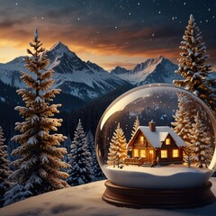 Cozy Winter Cabin in Snow Globe with Mountain Landscape