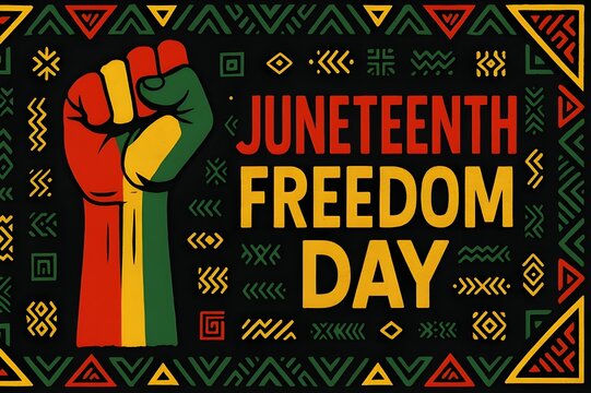 Juneteenth Freedom Day Celebration with Raised Fist in Pan-African Colors and Vibrant Tribal Patterns

