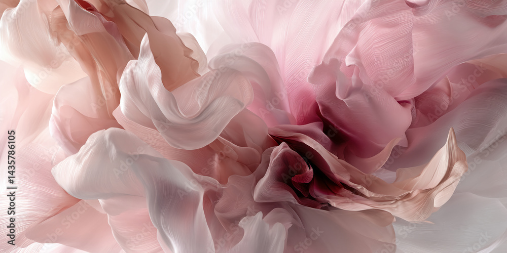 Poster abstract image of flowing pink and beige fabric, creating soft, swirling shapes. represents elegance