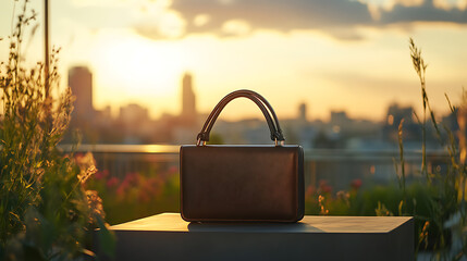 Sophisticated shoulder bag captured on a city rooftop garden with panoramic skyline views and golden hour lighting 