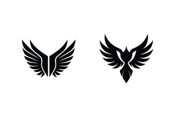Two Stylish Black Angel And Phoenix Wing Logo Designs On White Background