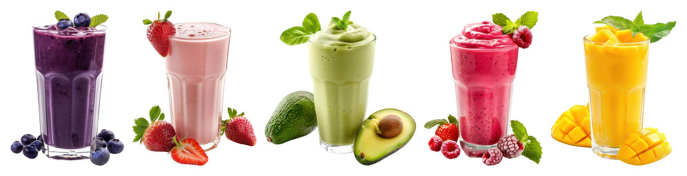 PNG Colorful fresh fruit smoothies variety, element set on transparent background
