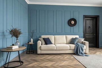 Modern Elegant Living Room with Blue Wall and Beige Sofa