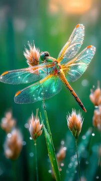 Transparent-Wing Dragonfly Gently Flapping  A close-up view of a dragonfly with transparent wings gently flapping while resting on a grass tip
