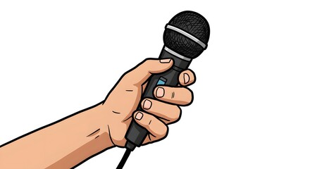 Hand holding microphone illustration for podcasting broadcasting or karaoke singing event sound equipment