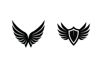 Black Silhouette Of Wings And Shield Vector Illustration Decorative Elements Set