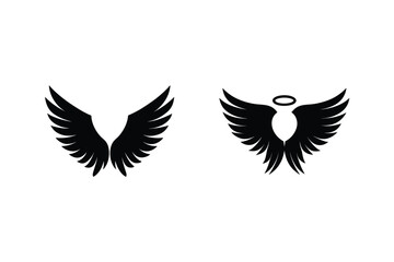 Angel Wings Vector Graphic With Halo In Black Silhouette On White Background