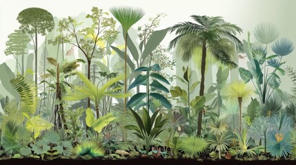 Obraz premium Tropical Rainforest Illustration with Dense Vegetation and Tall Trees.