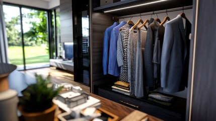 Modern walk-in closet with clothes displayed, tranquil backyard view