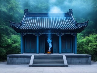 Ancient temple in mist, incense smoke
