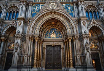 Fototapeta premium Ornate Historic Cathedral Entrance with Golden Details and Arches
